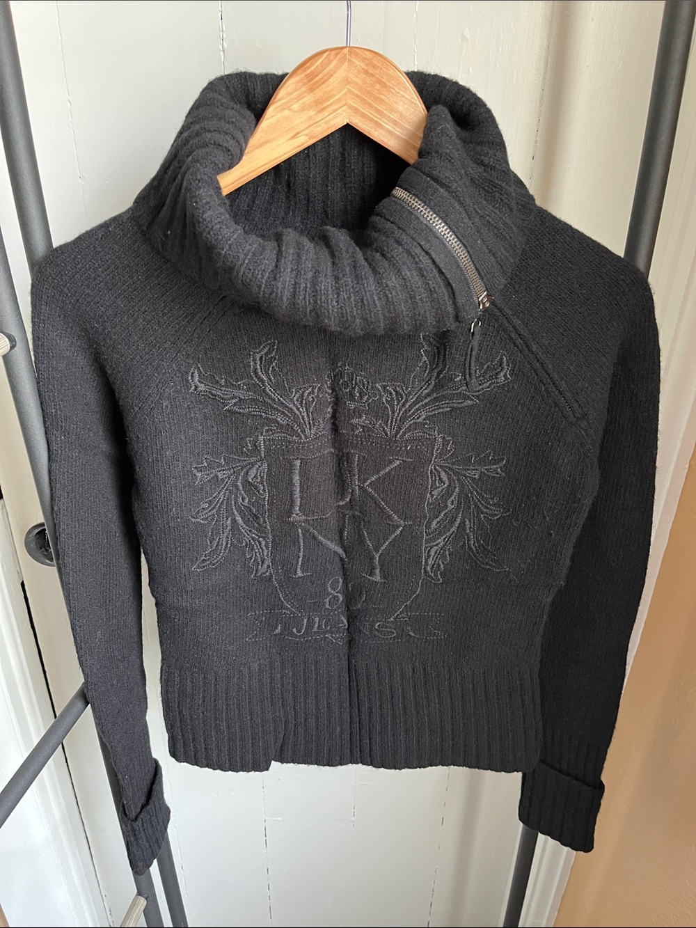 DKNY Black Ribbed Cowl Neck Zip Sweater with Embroidered Crest
